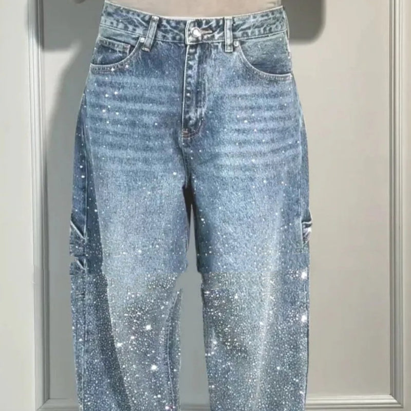 Glitter Denim Jeans met Rechte Pijpen – Street Style Glam