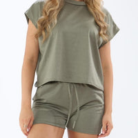 Women's Solid Color Short Sleeve Lace-up Drawstring Leisure Suit