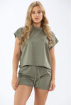 Women's Solid Color Short Sleeve Lace-up Drawstring Leisure Suit